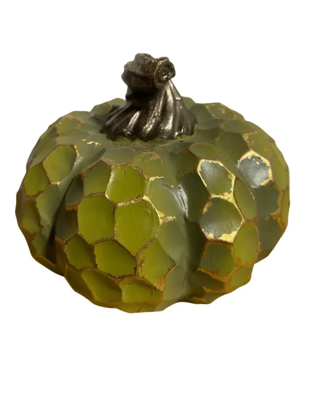 Carved Wood & Resin Pumpkin Decor Set Of 2 Rustic White & Green Gold Accents